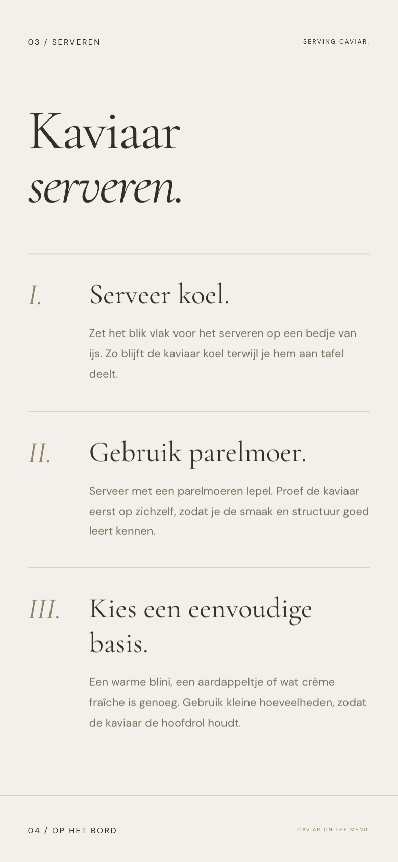 The Caviar House mobile serving guide, with three considered steps for serving caviar